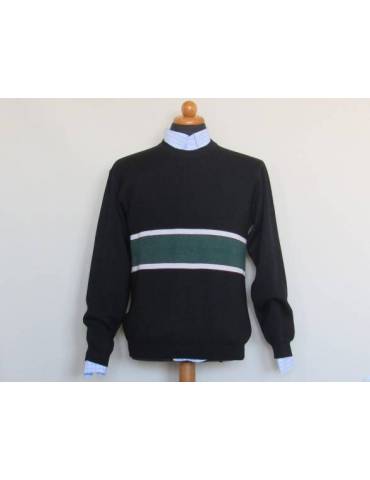 Men's Black Green Front Stripe Wool - Acrylic Blend Sweater